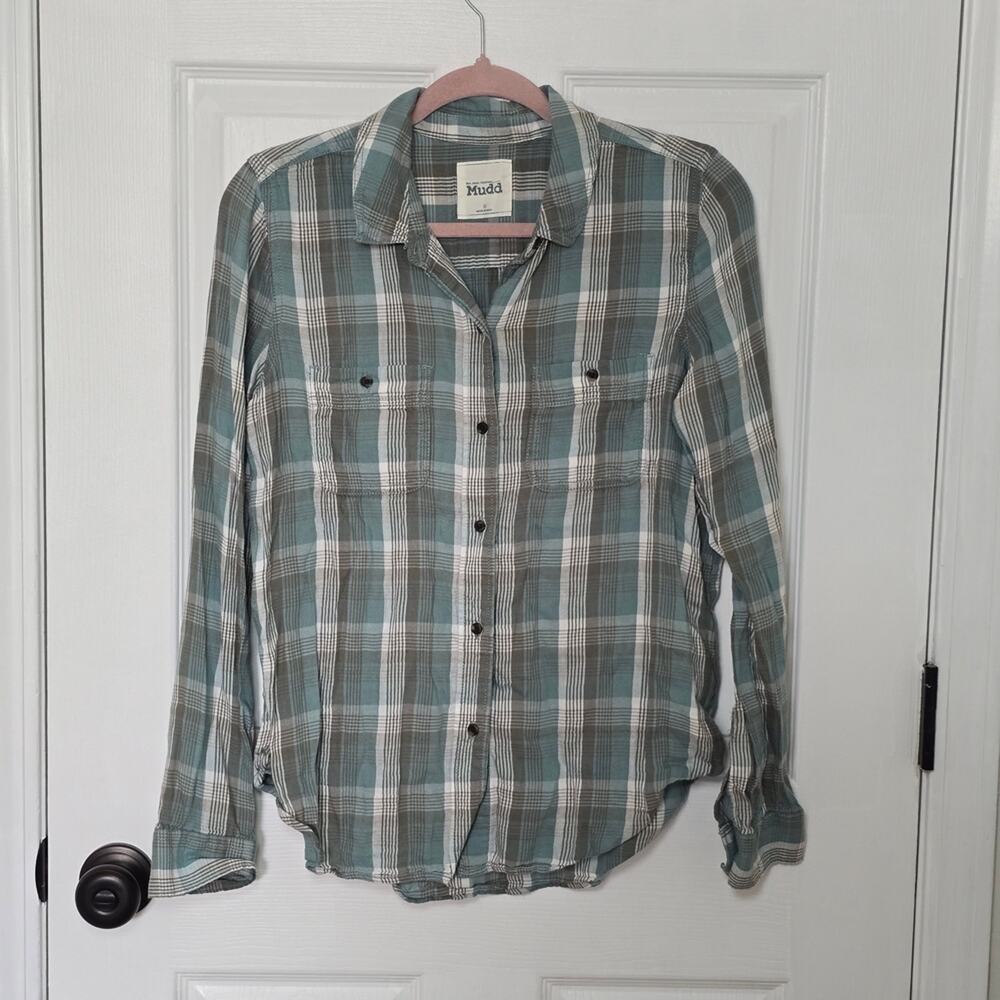 Mudd Y2K Teal Gray Plaid Button Down Shirt Women's Medium